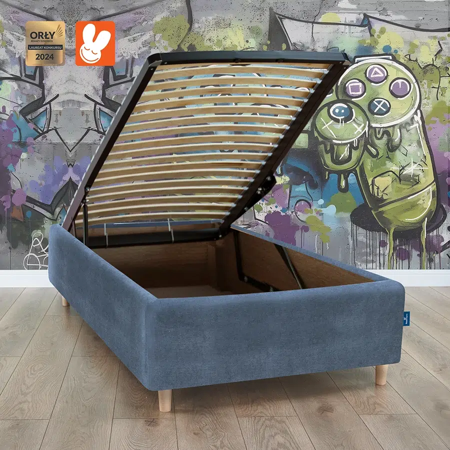 Łóżko 80x200 tapicerowane z pojemnikiem Blue - Materac dla dziecka i niemowlaka RoyalDreams Łóżko z pojemnikiem BLUE MN13 + gamer + rama