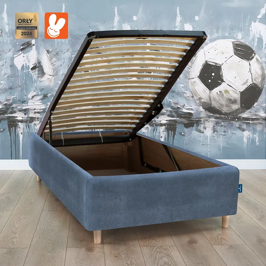 Łóżko 80x200 tapicerowane z pojemnikiem Blue - Materac dla dziecka i niemowlaka RoyalDreams Łóżko z pojemnikiem BLUE MN13 + piłka + rama
