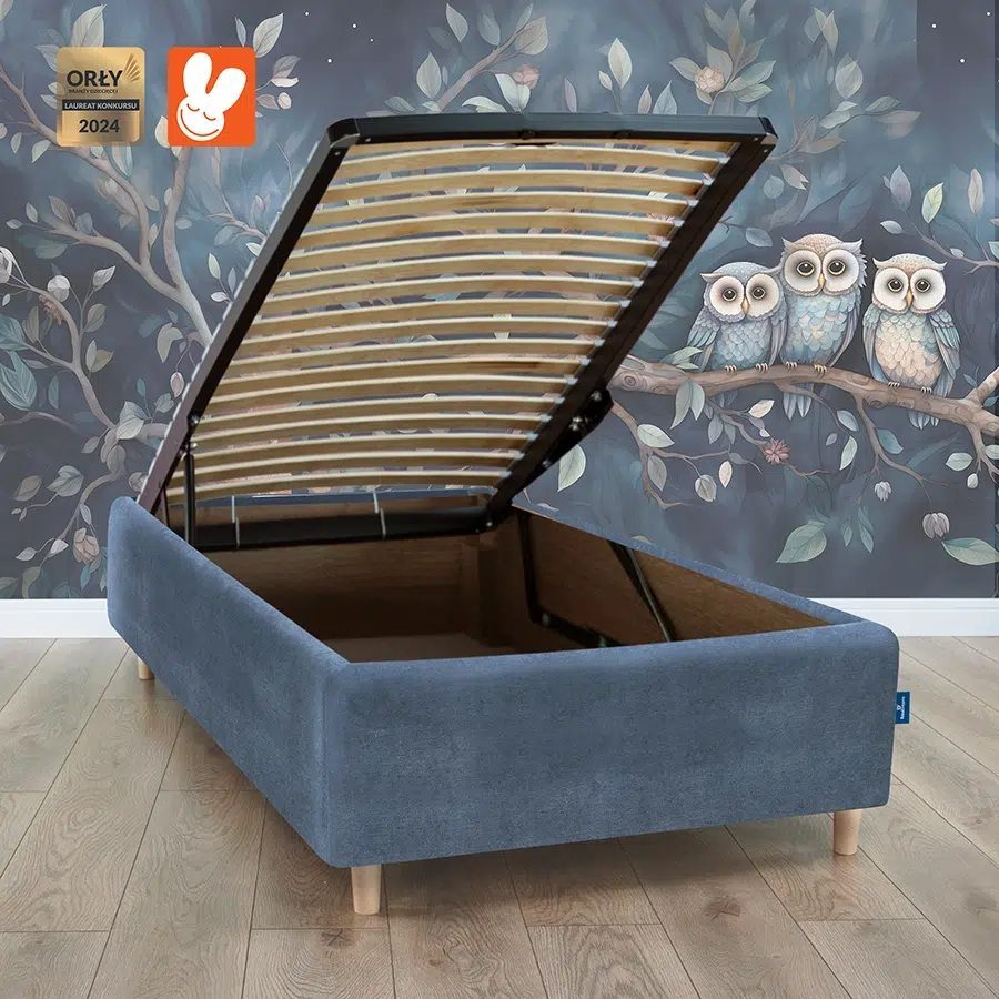Łóżko 80x200 tapicerowane z pojemnikiem Blue - Materac dla dziecka i niemowlaka RoyalDreams Łóżko z pojemnikiem BLUE MN13 + sowy + rama